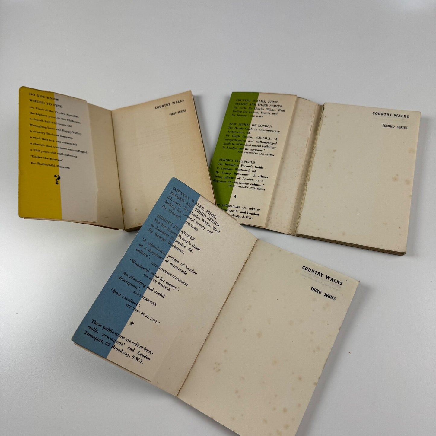 Country Walks London Transport (3 vols) by Charles White. Eric Ravilious woodcuts Vol 1 (1936); Vol 2 (second and revised edition 1938, first published 1936); Vol 3 (second and revised edition 1939, first published 1937)