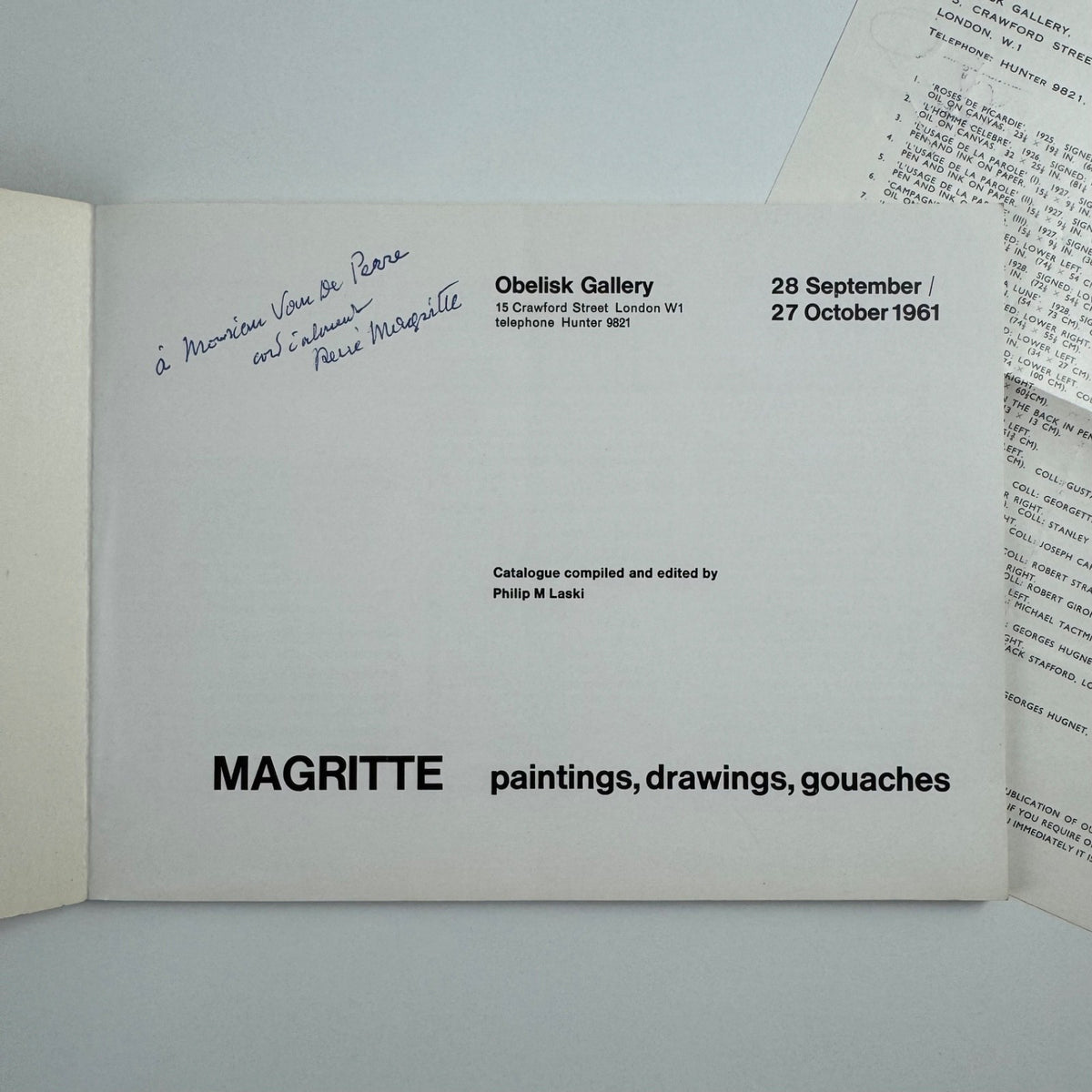 Rene Magritte. Paintings, Drawings, Gouaches | Obelisk Gallery, 1961 edited by Philip M. Laski | inscribed to the Belgian journalist Hugo van de Pierre by Magritte