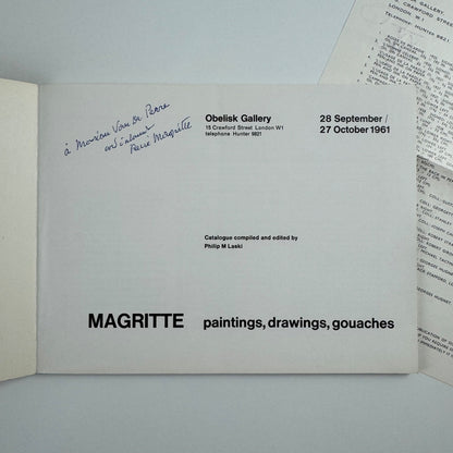 Rene Magritte. Paintings, Drawings, Gouaches | Obelisk Gallery, 1961 edited by Philip M. Laski | inscribed to the Belgian journalist Hugo van de Pierre by Magritte