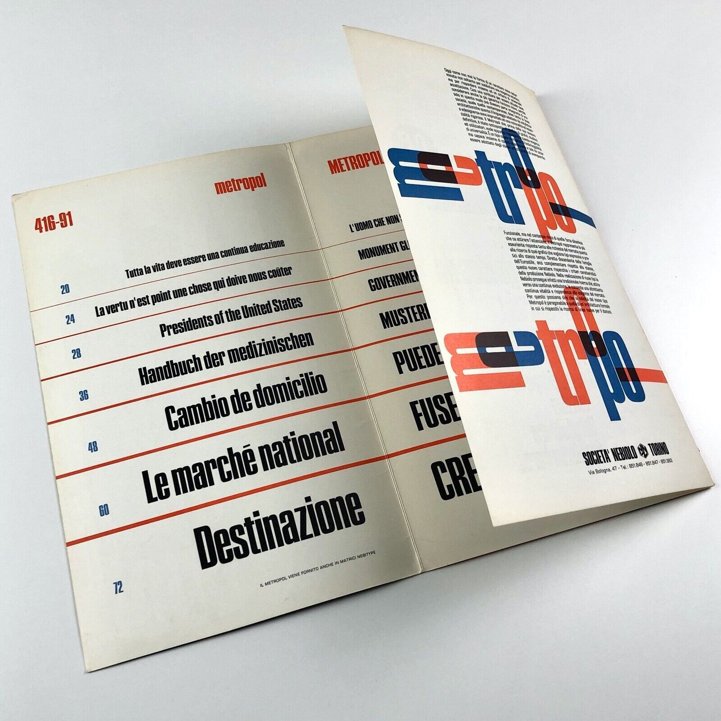 Metropol Super Compatto della Societá Nebiolo Aldo Novarese type specimen booklet, 1968