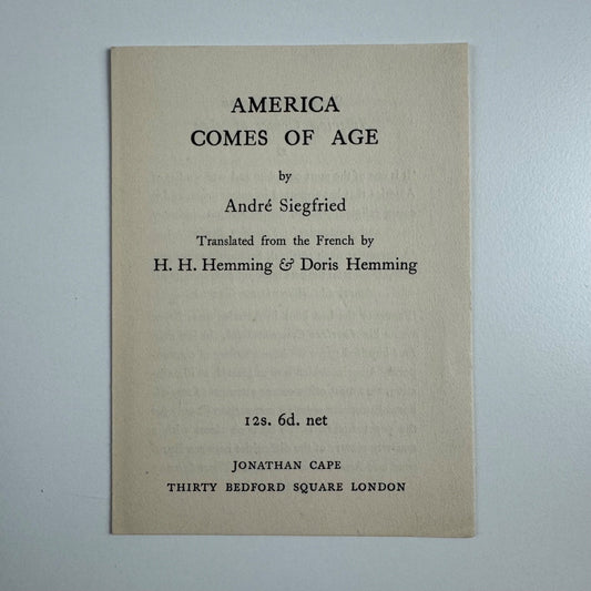 Tiny leaflet/order form for America Comes of Age by André Siegfried Jonathan Cape c.1927