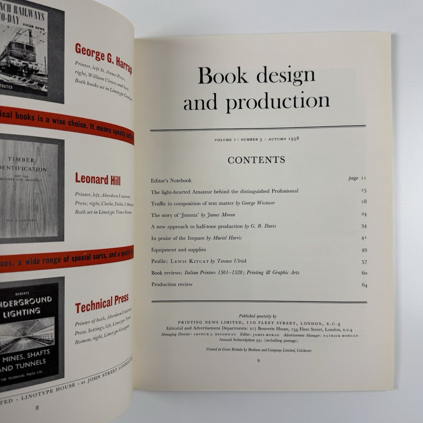 Book Design and Production | Volume 1 No 3 1958 | Printing News Ltd | Ed. James Moran