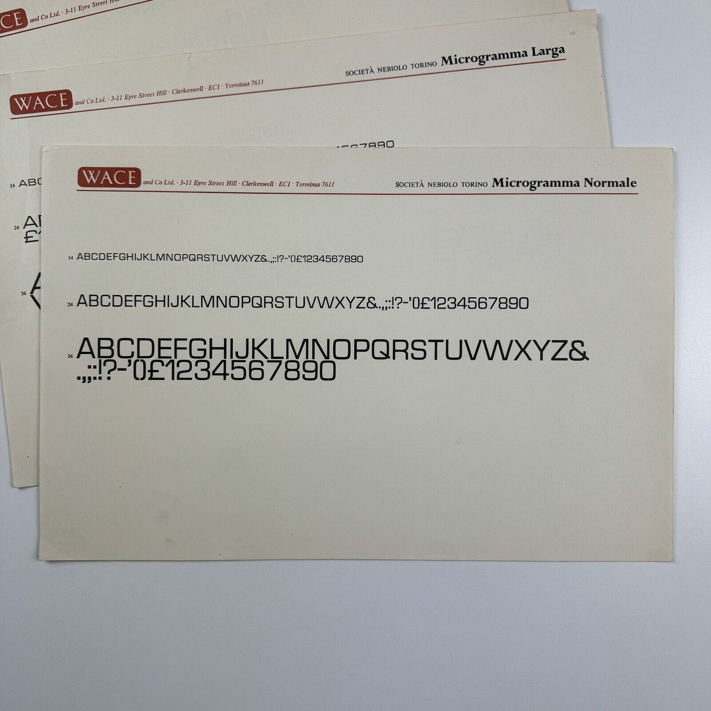 Società Nebiolo Microgramma type specimens x 5 printer Wace and Co Ltd, undated