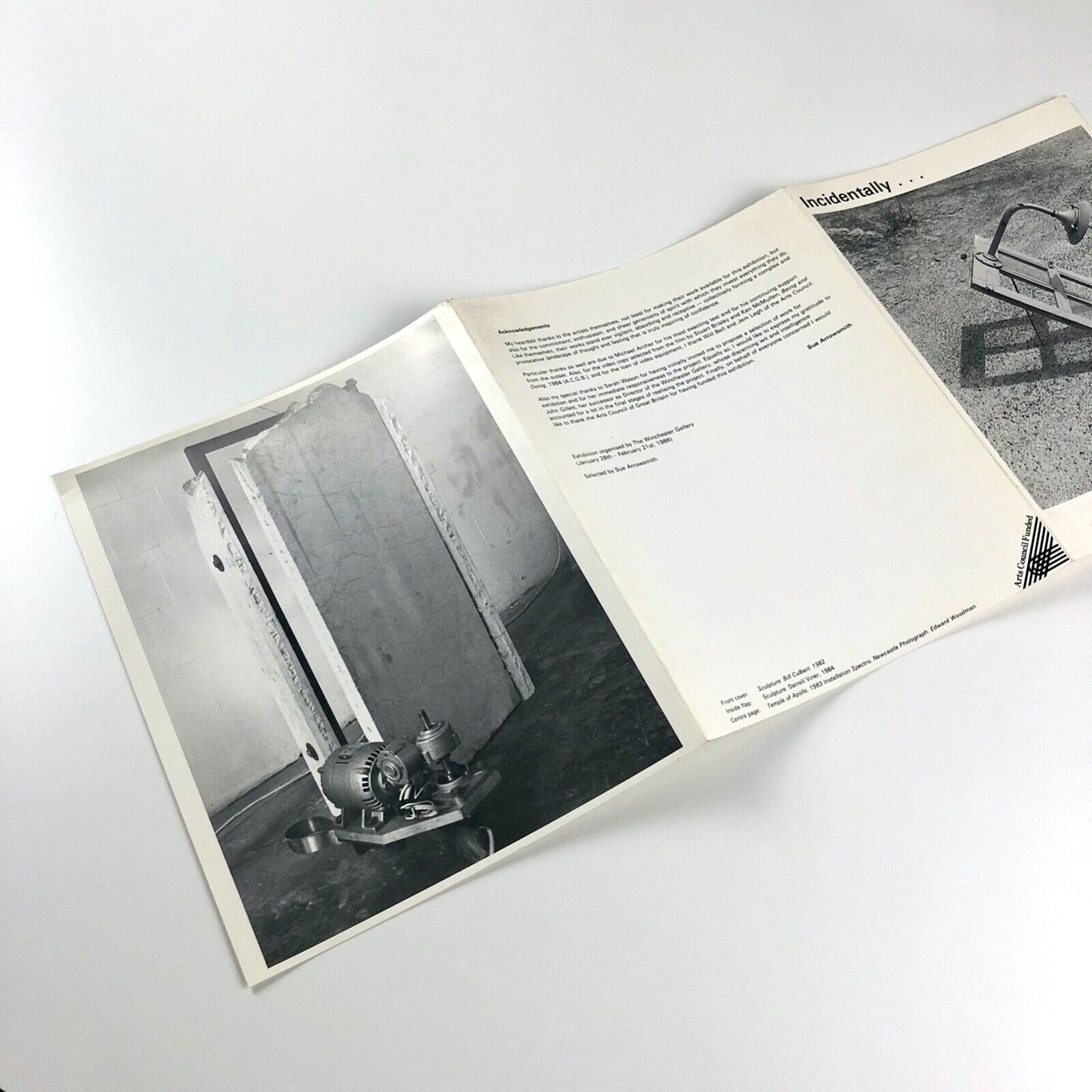 Folding card for Incidentally... The Winchester Gallery, 1986 | Selected by Sue Arrowsmith. Text by Michael Archer |
