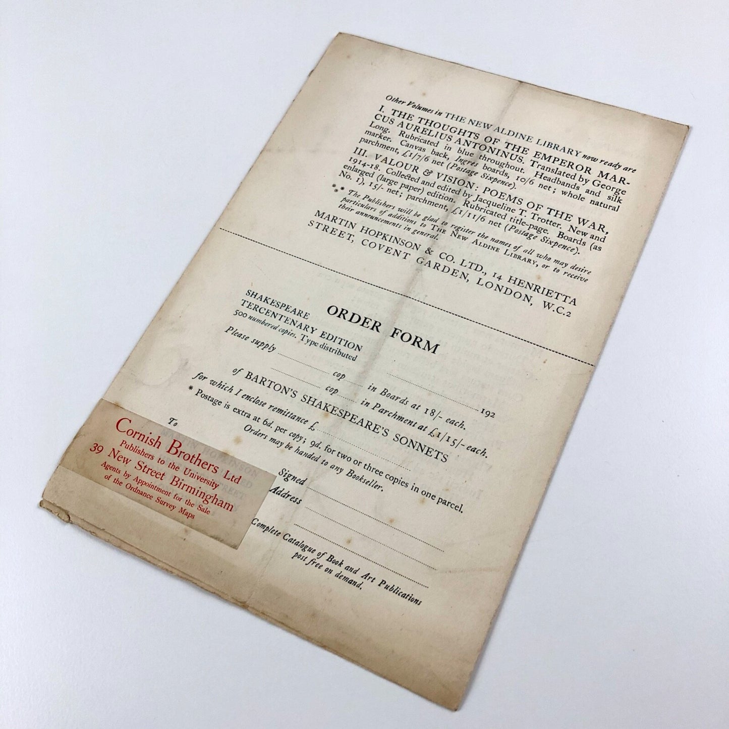 Prospectus for The Sonnets of William Shakespeare | John Harrower | Martin Hopkinson and Company, 1923