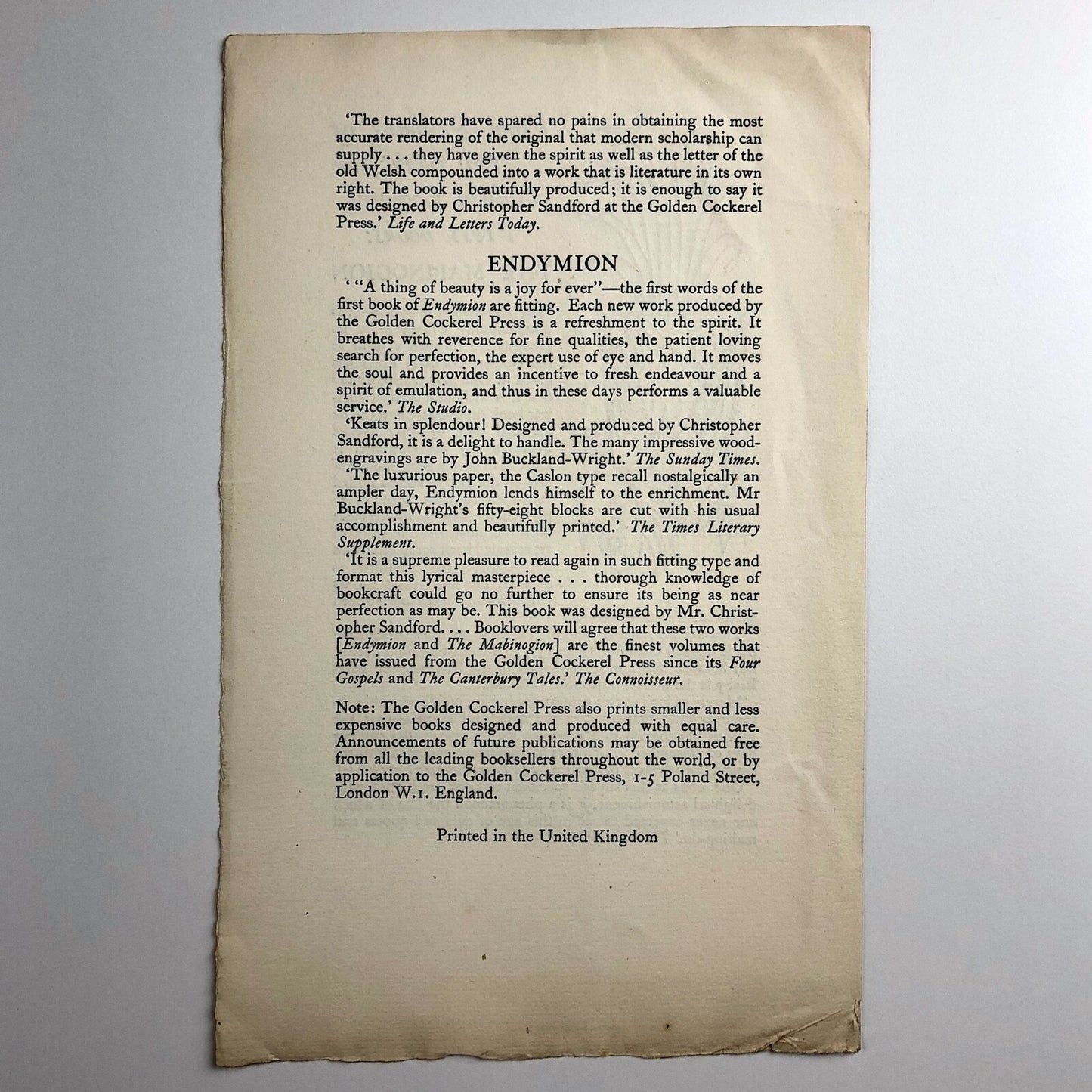 The Golden Cockerel Press The Mabinogion / Endymion promotional leaflet c.1947/8