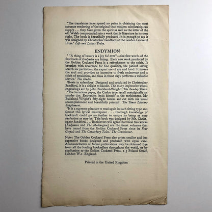 The Golden Cockerel Press The Mabinogion / Endymion promotional leaflet c.1947/8