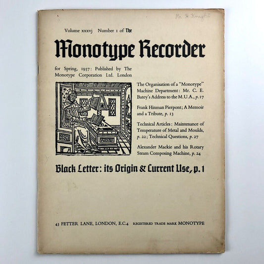 The Monotype Recorder, Spring 1937 issue | Monotype Corporation | Black Letter