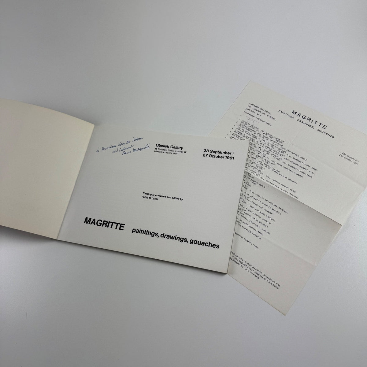 Rene Magritte. Paintings, Drawings, Gouaches | Obelisk Gallery, 1961 edited by Philip M. Laski | inscribed to the Belgian journalist Hugo van de Pierre by Magritte