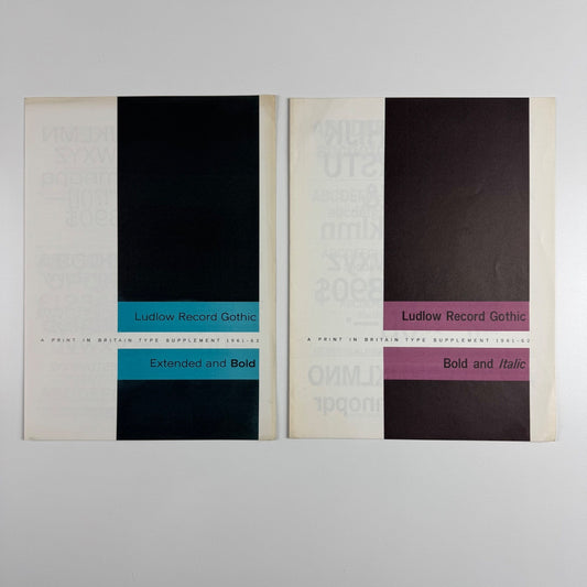 Two type specimens Ludlow Record Gothic supplements from Print in Britain 1961-2