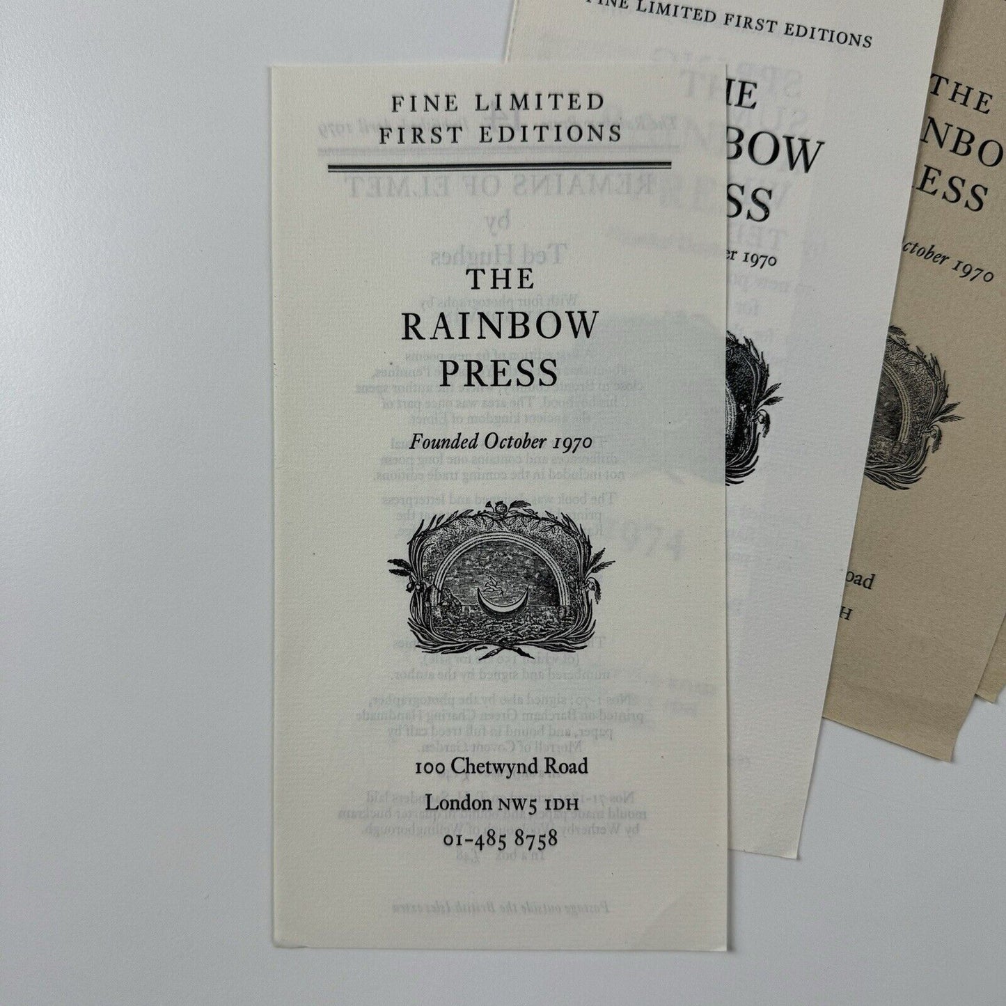 Five leaflets for The Rainbow Press relating to books by Ted Hughes – 1970s | Fine Limited First Editions