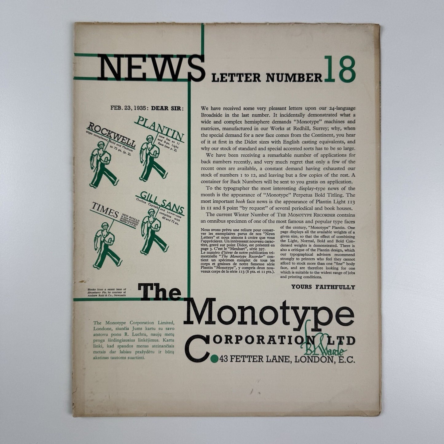 Monotype News Letter 18 | 23 February 1935 | Fold-out type specimen sheet