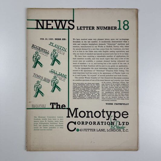 Monotype News Letter 18 | 23 February 1935 | Fold-out type specimen sheet