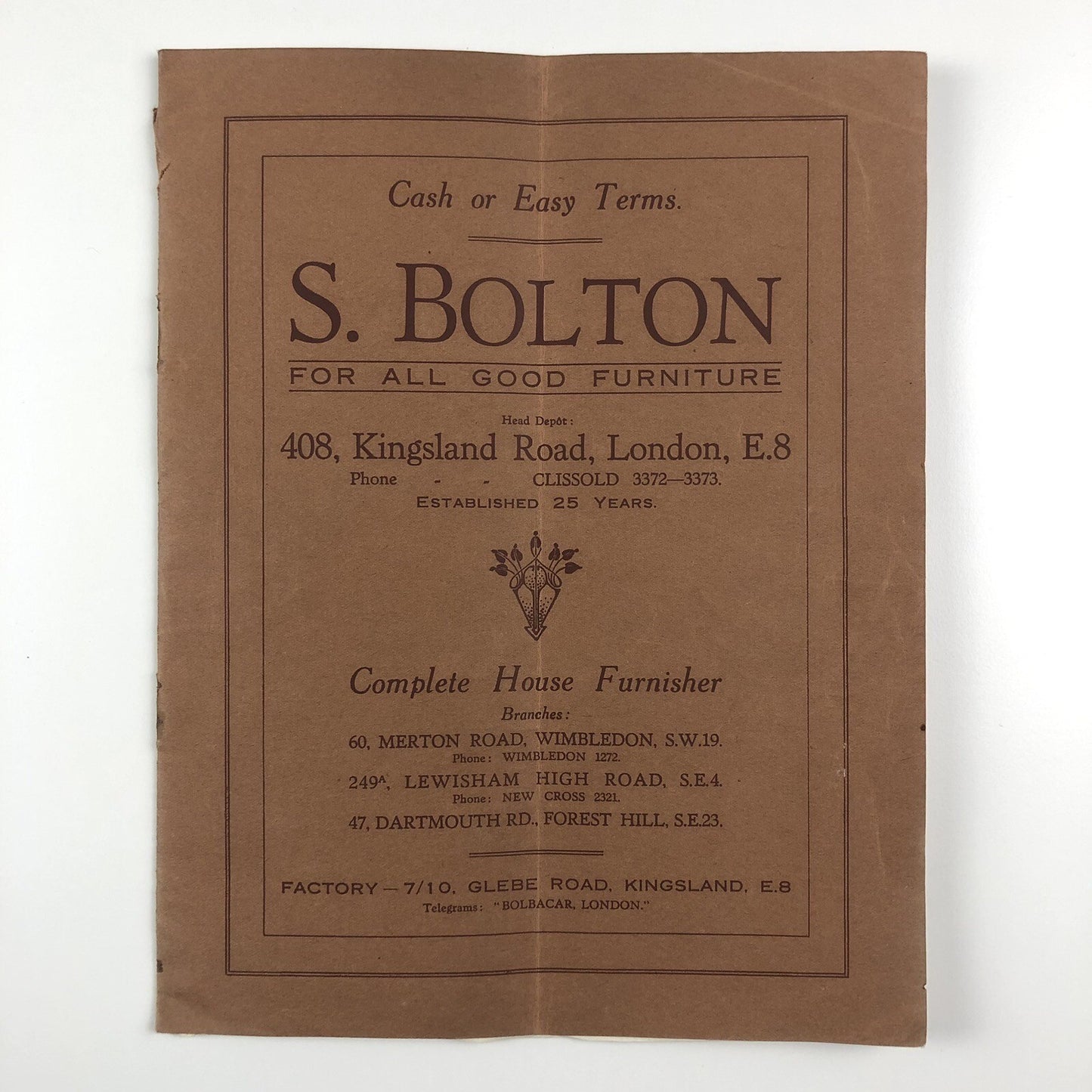 S. Bolton | Bolton’s furniture 408 Kingsland Road, London brochure, undated