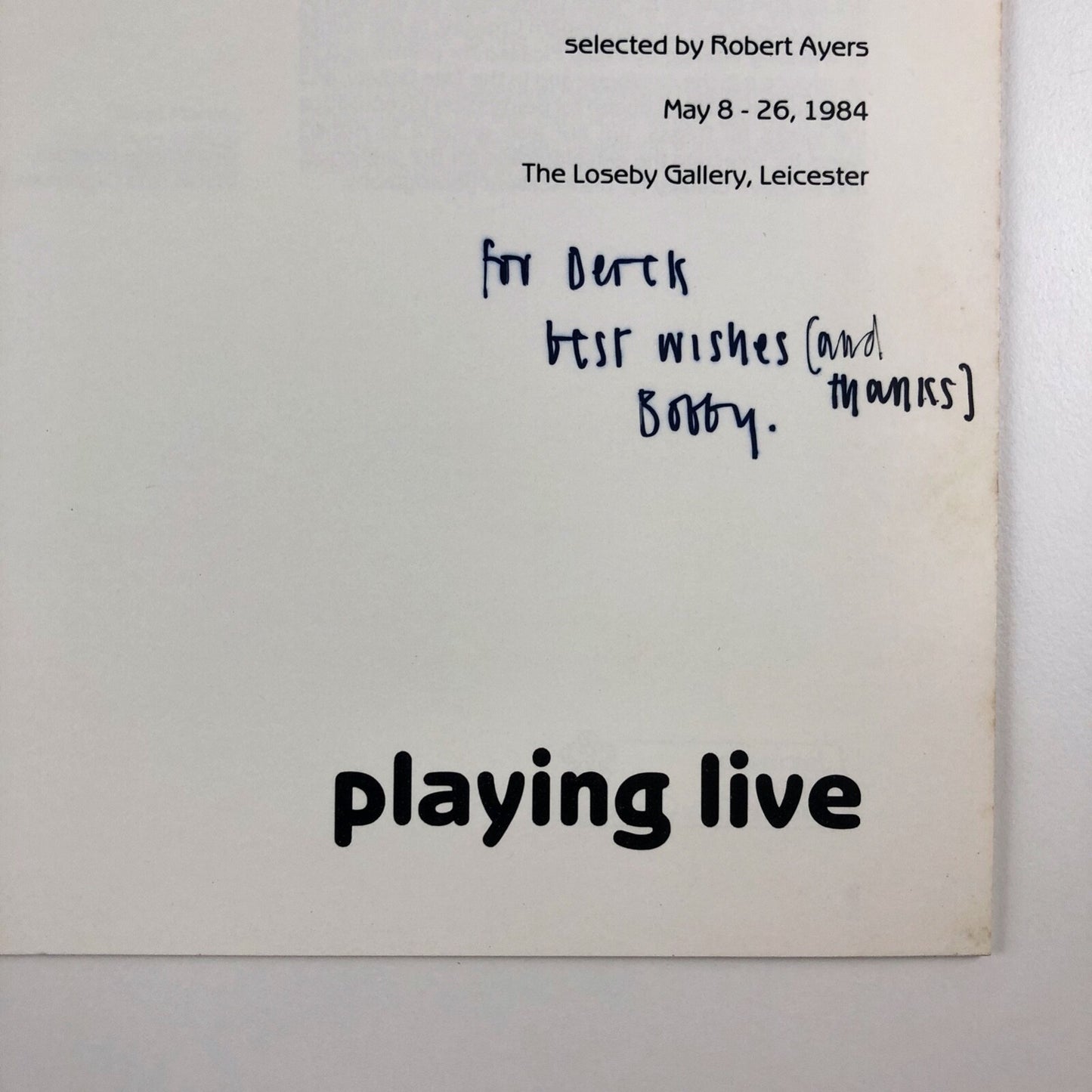 Playing Live: Paintings and sculpture about performance | Selected by Robert Ayres | The Loseby Gallery, 1984 catalogue