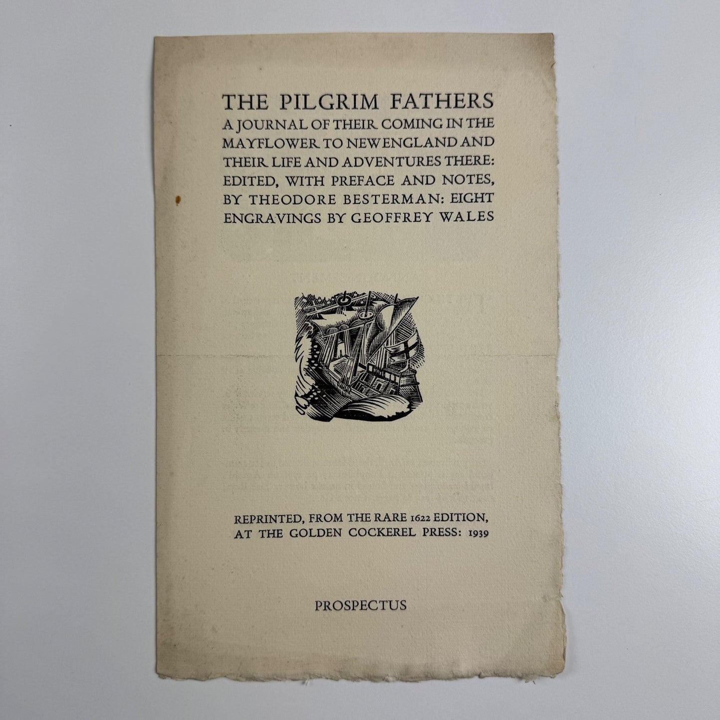 Prospectus The Pilgrim Fathers by Theodore Besterman Golden Cockerel Press 1939 engravings by Geoffrey Wales