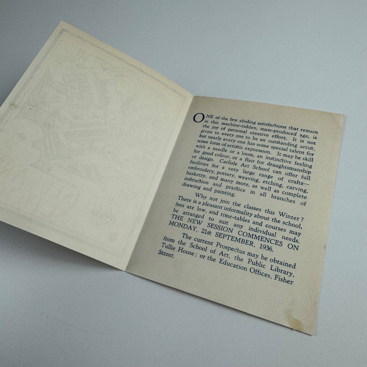 Small leaflet to promote Carlisle Art School evening classes, 1936