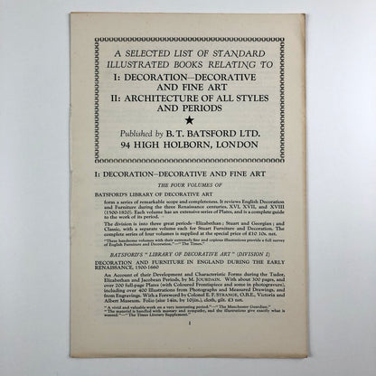 B. T. Batsford – List of books on Decoration, and Architecture | Undated c.1930s?