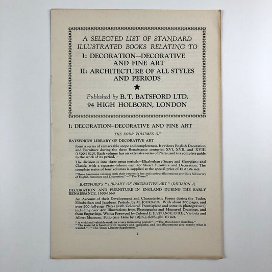 B. T. Batsford – List of books on Decoration, and Architecture | Undated c.1930s?