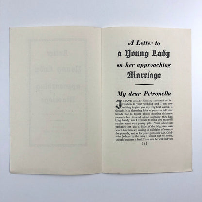 Prospectus A Letter for a Young Lady on Her Approaching Marriage by Ambrose Hoopington | Nonesuch Press, 1934