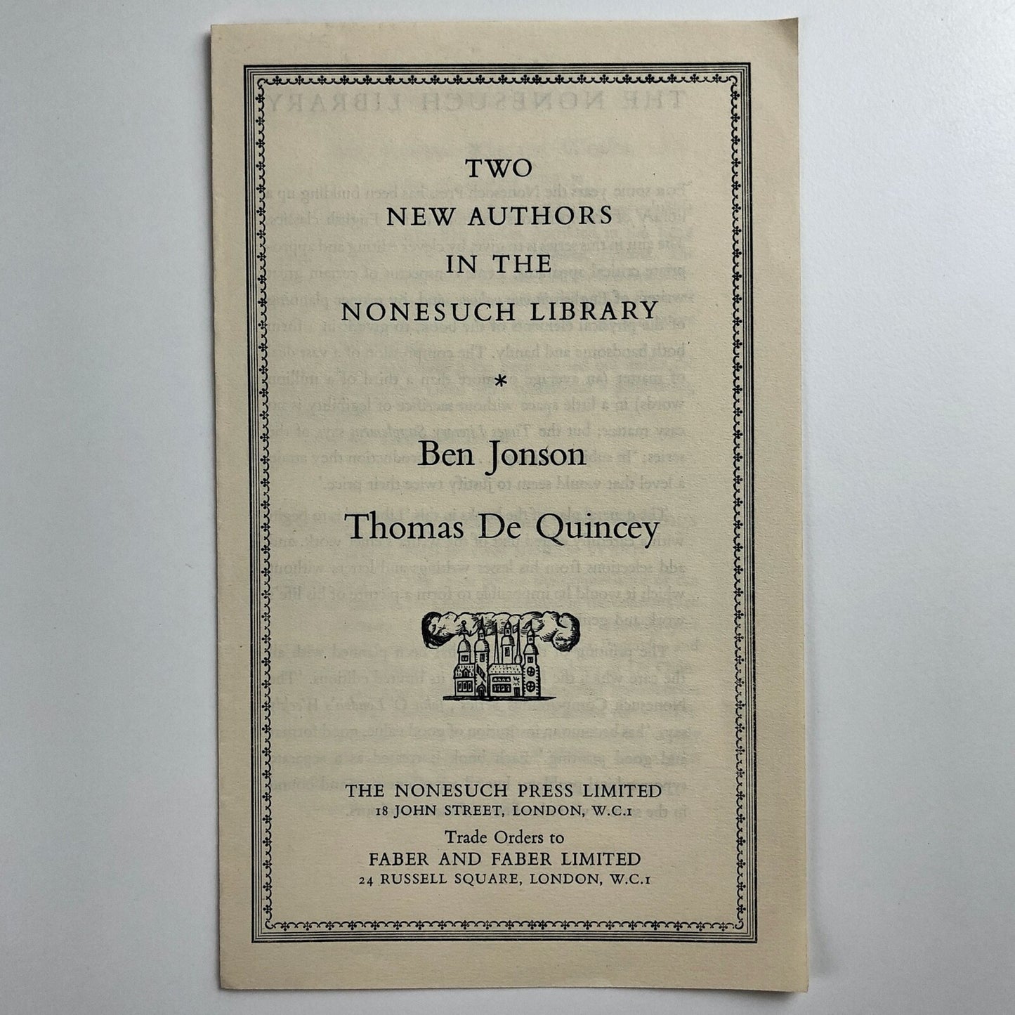 Two New Authors in the Nonesuch Press Library: Ben Jonson, Thomas De Quincey 1939 | Promotional leaflet