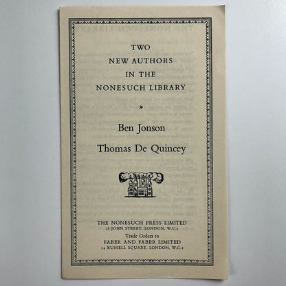 Two New Authors in the Nonesuch Press Library: Ben Jonson, Thomas De Quincey 1939 | Promotional leaflet