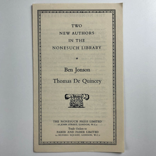 Two New Authors in the Nonesuch Press Library: Ben Jonson, Thomas De Quincey 1939 | Promotional leaflet