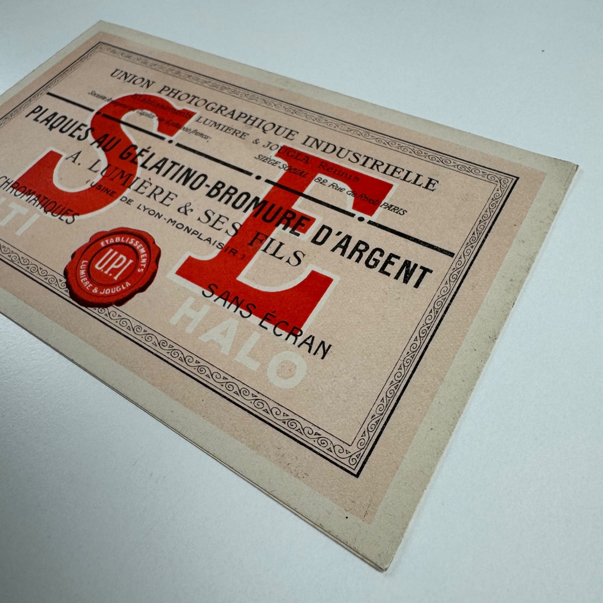 Promotional card for Union Photographique Industrielle. Lumière & Joula c.1911