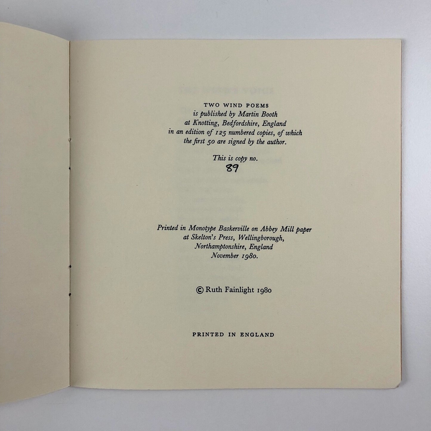 Two Wind Poems by Ruth Fainlight | Martin Booth publisher, 1980