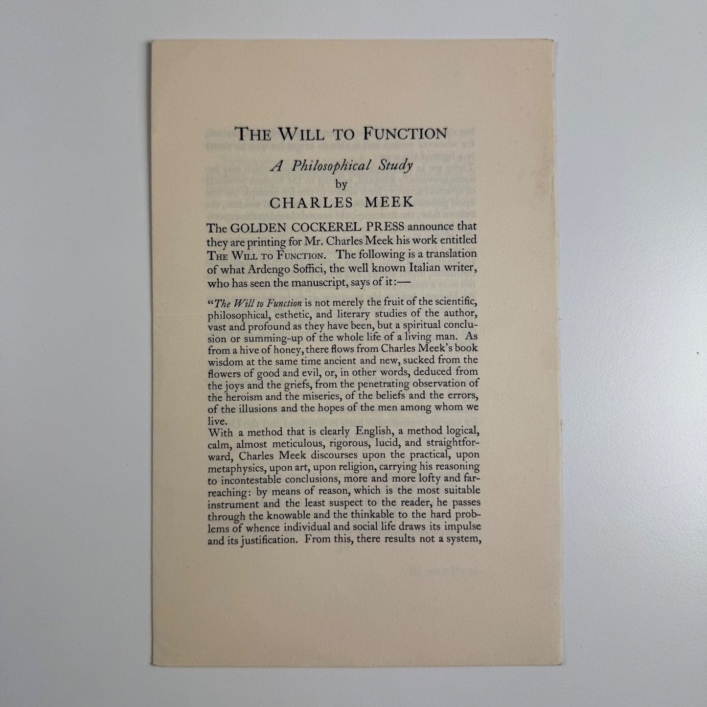 Prospectus for The Will to Function Charles Meek | Golden Cockerel Press, 1929