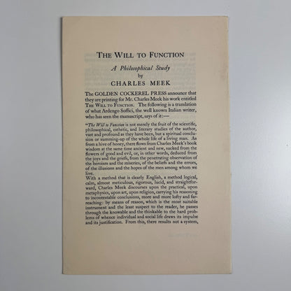 Prospectus for The Will to Function Charles Meek | Golden Cockerel Press, 1929