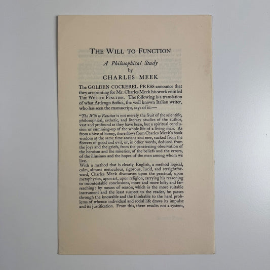 Prospectus for The Will to Function Charles Meek | Golden Cockerel Press, 1929