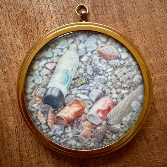 'On the beach' | Framed watercolour roundel on ivorine by Phoebe Sholto Douglas, 1986