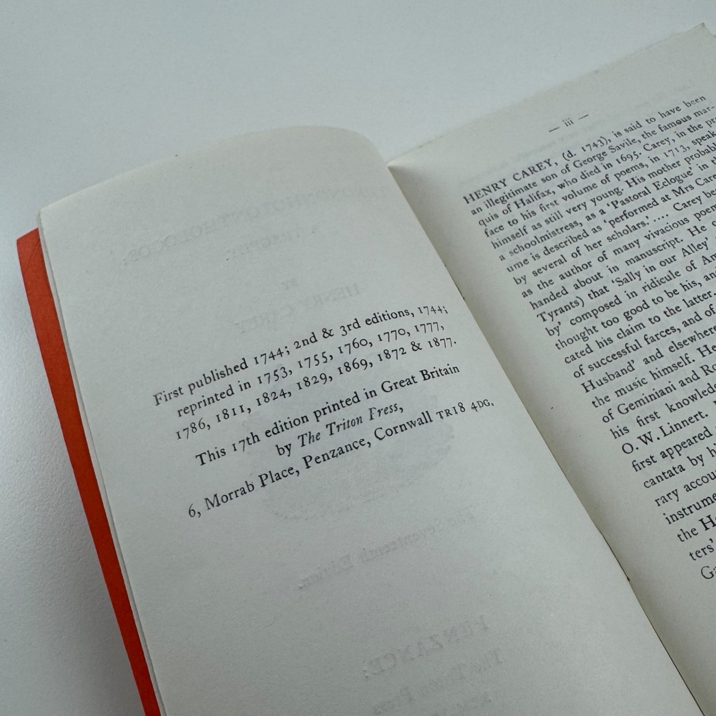 Chrononhotonthologos by Henry Carey 17th edn The Triton Press Penzance 1982
