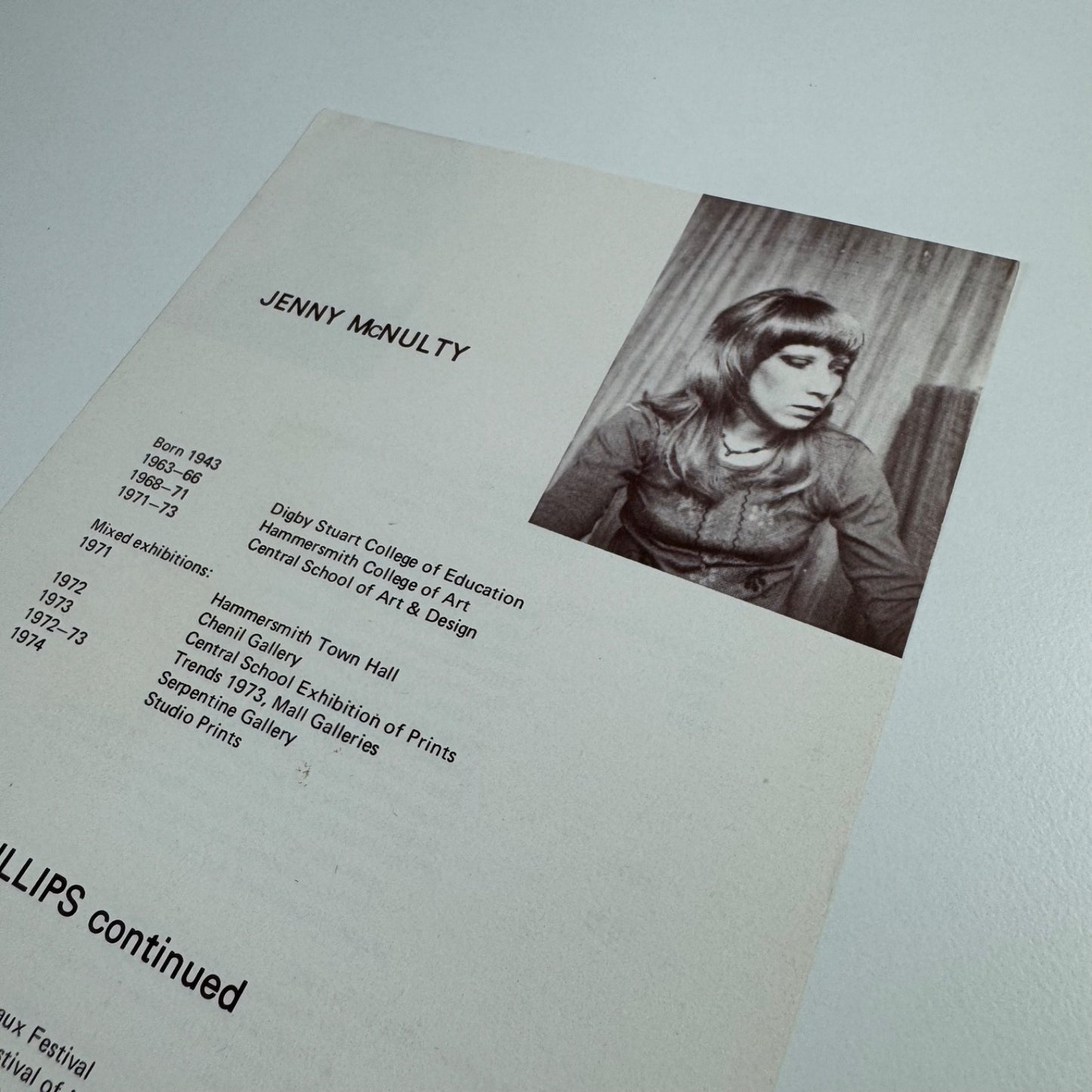 Tom Phillips and Jenny McNulty. Single sheet biographical info for Oxford Gallery, Oxford 1970s
