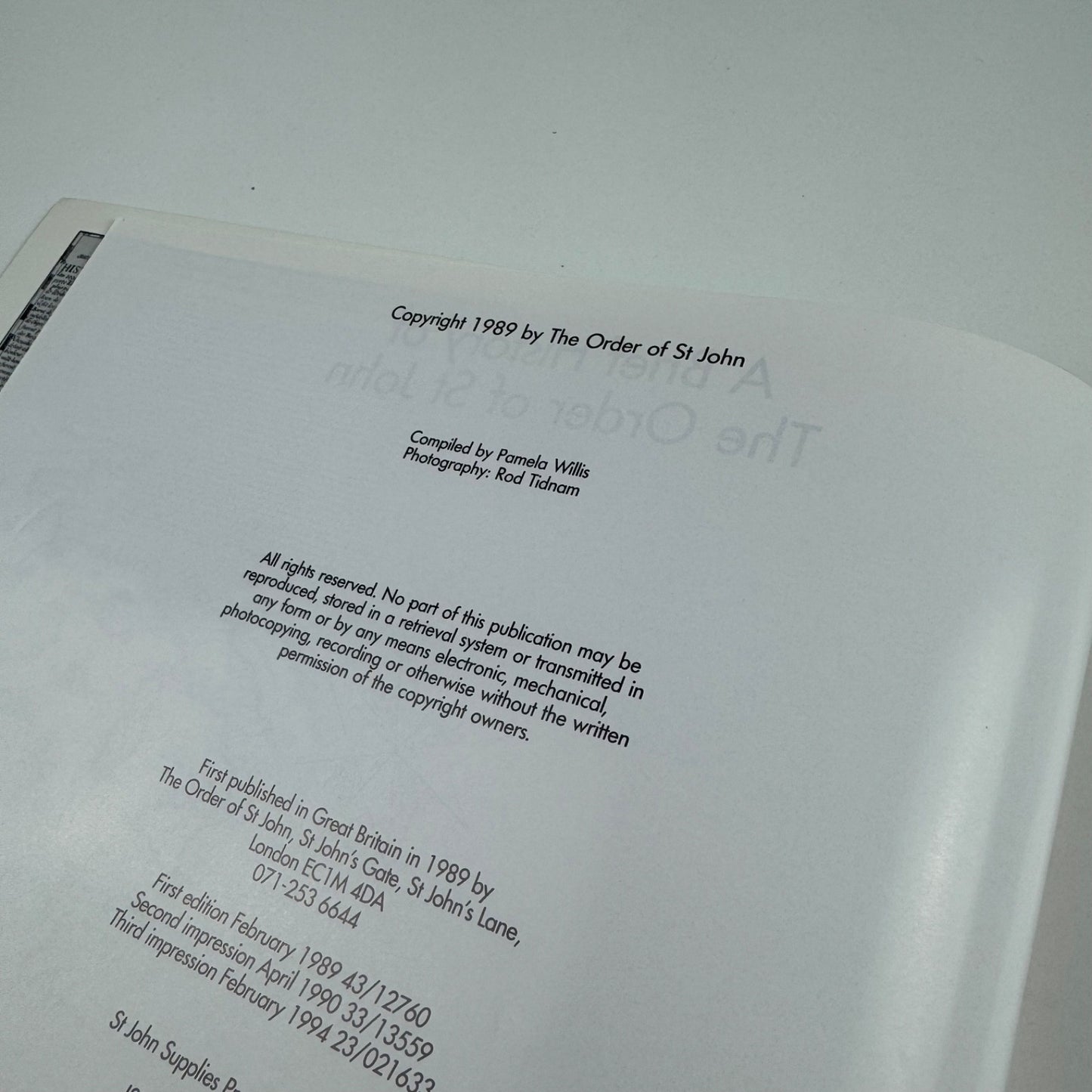 A Brief History of The Order of St John compiled by Pamela Willis, 1994