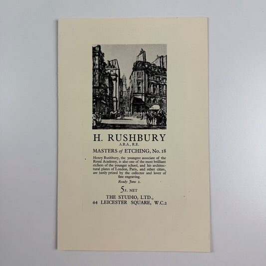 Order form for H. Rushbury, Masters of Etching series. The Studio. Undated 1920s