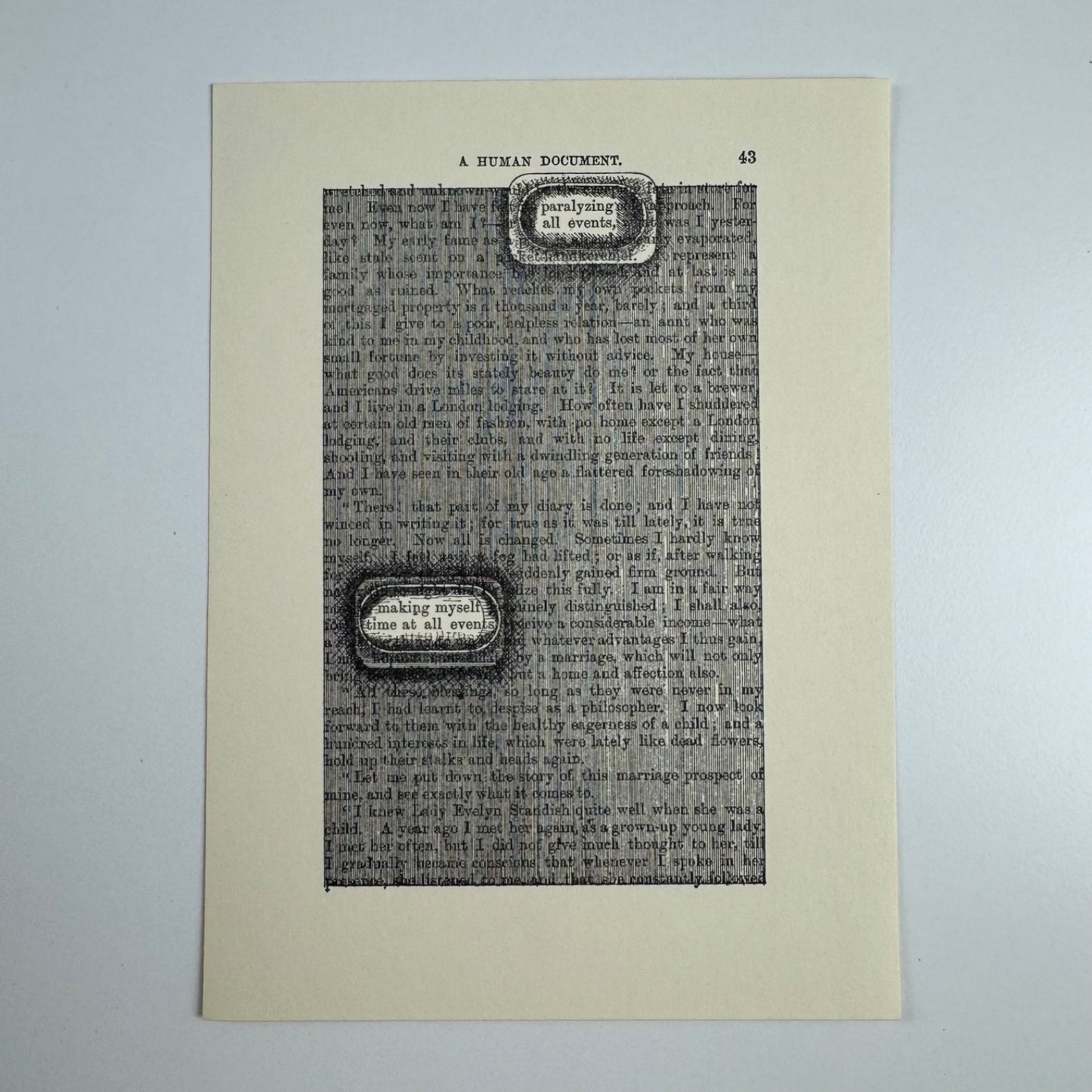 A Humument page 43 'paralyzing all events,' by Tom Phillips | The Tetrad Press, 1970
