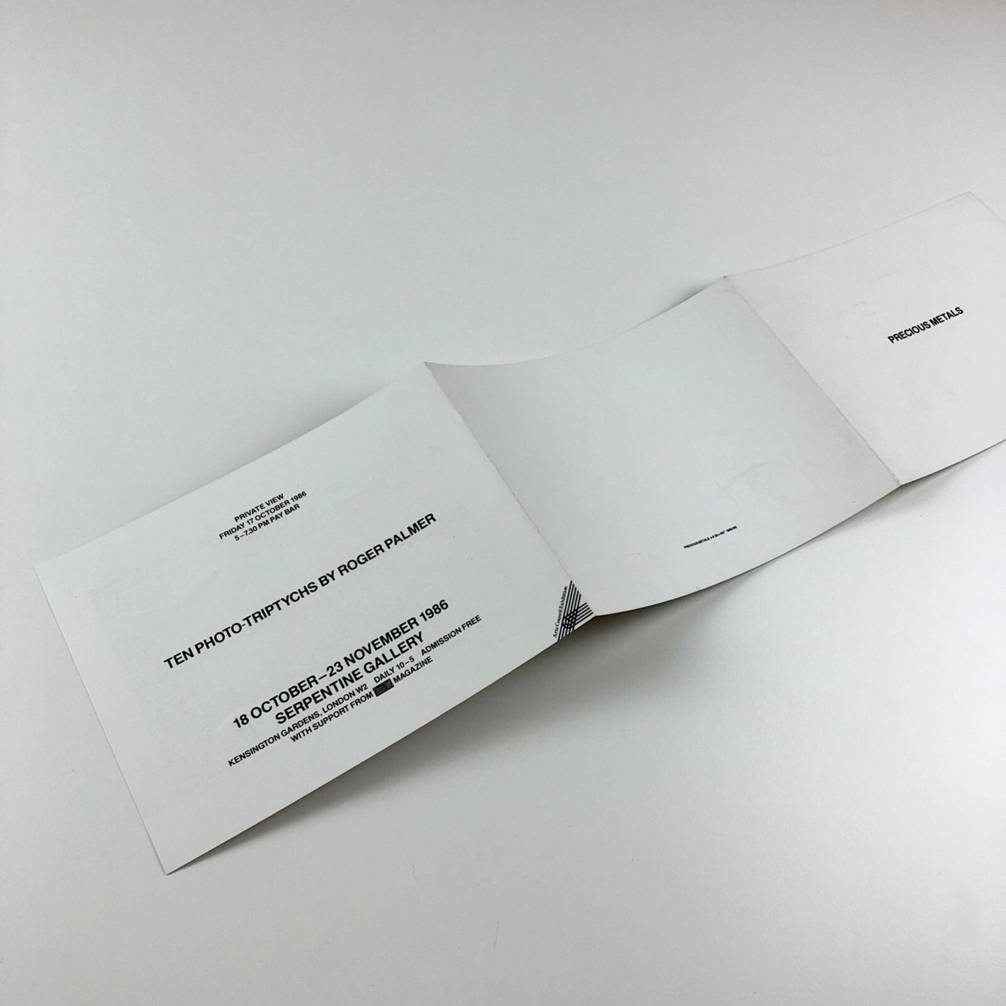 Precious Metals – Ten photo-triptychs by Roger Palmer | Serpentine private view invitation, folded card
