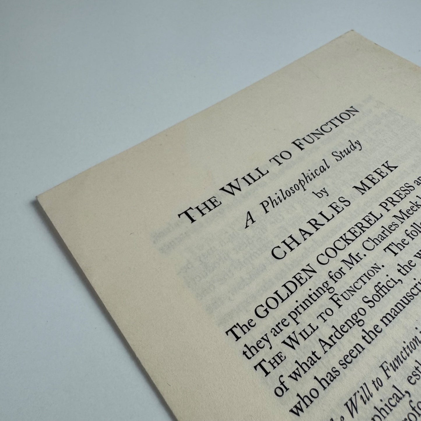 Prospectus for The Will to Function Charles Meek | Golden Cockerel Press, 1929