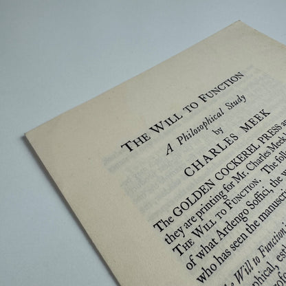 Prospectus for The Will to Function Charles Meek | Golden Cockerel Press, 1929