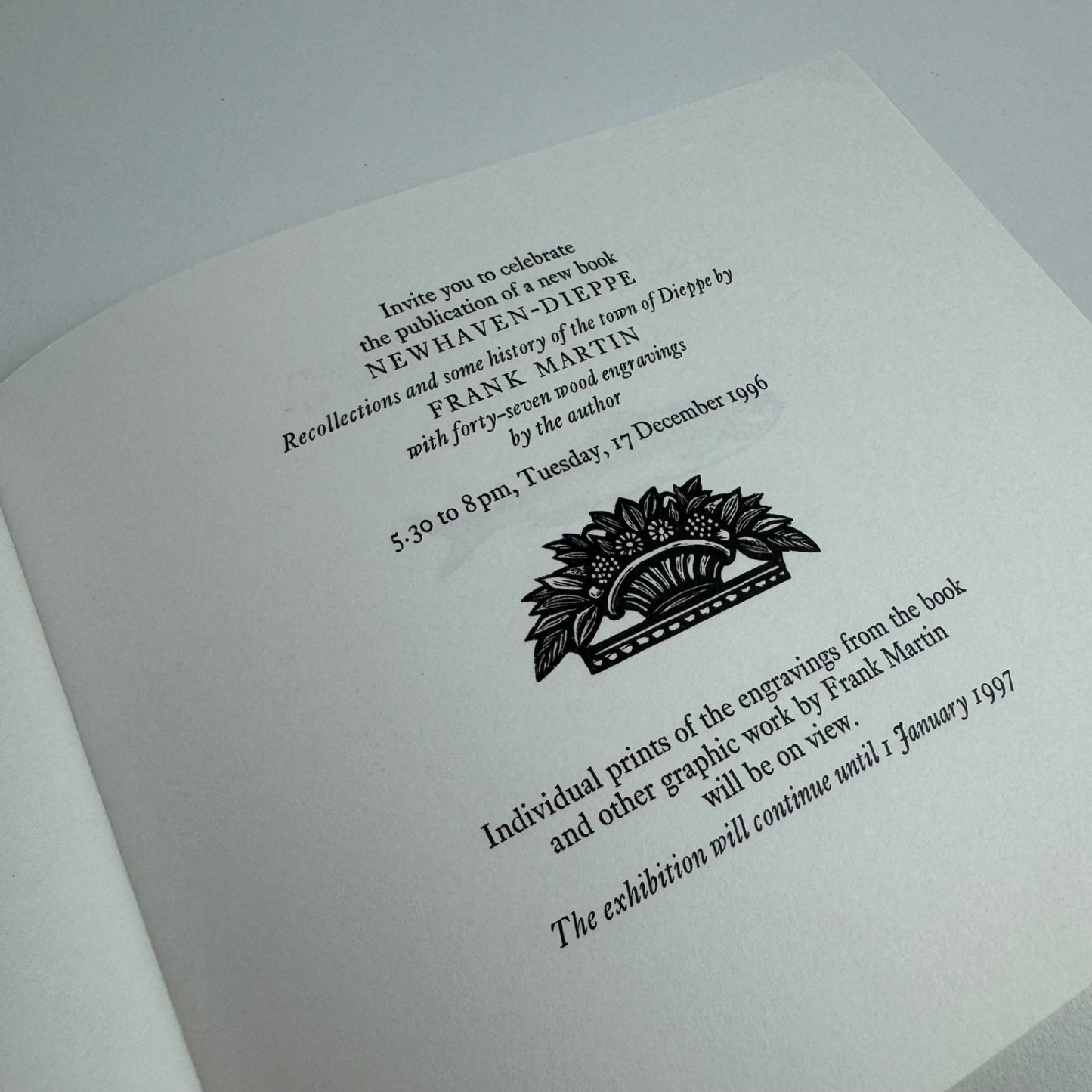 Book launch invite for Newhaven-Dieppe Recollections and some history of the town of Dieppe by Frank Martin | Editions Graphiques Gallery 1996