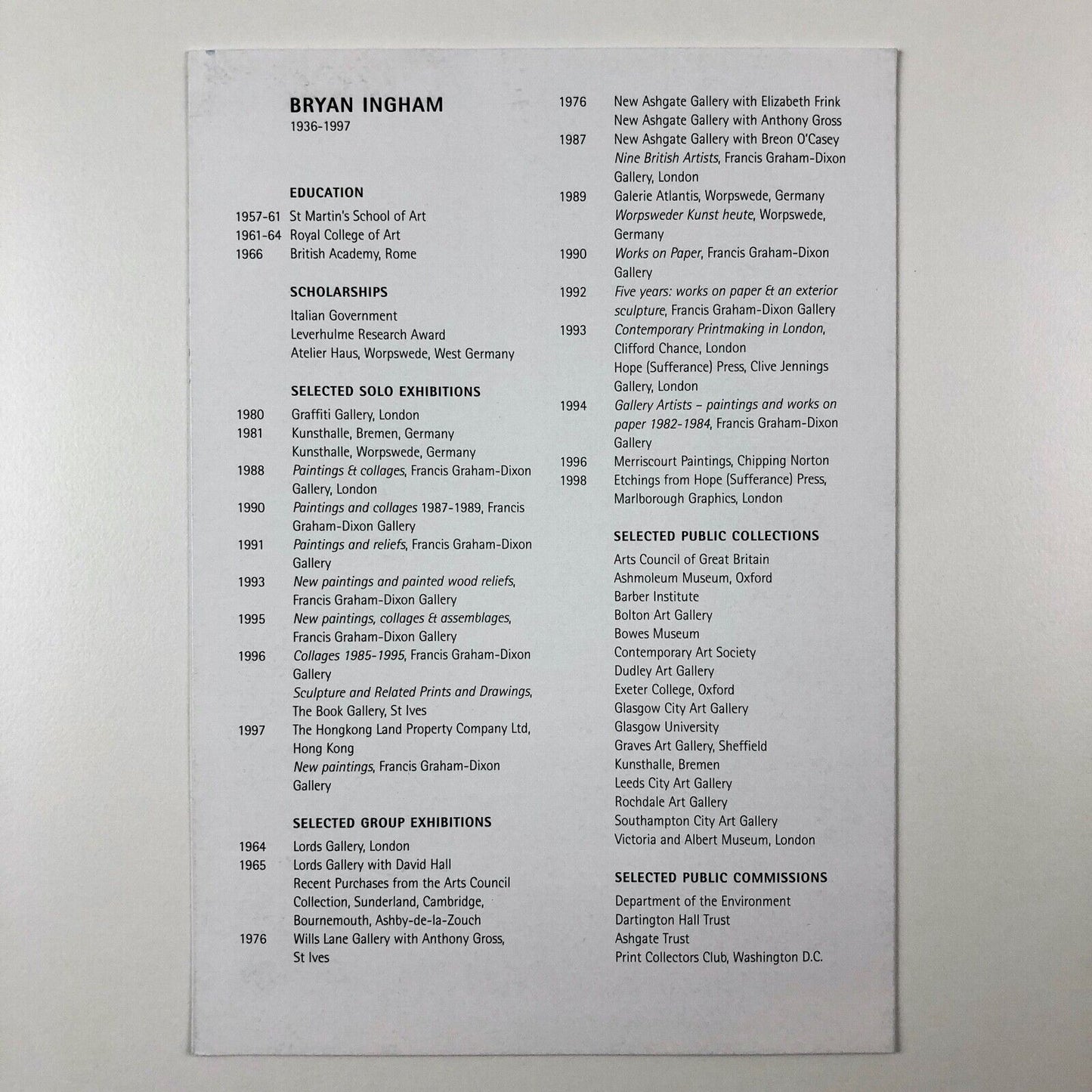 Folding card Bryan Ingham 1936–1997. Paintings, reliefs, collage and sculpture 1985-1996  |  Bohun Gallery in association with Francis Graham-Dixon, 2000