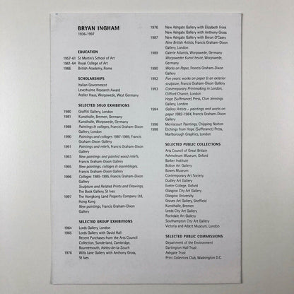 Folding card Bryan Ingham 1936–1997. Paintings, reliefs, collage and sculpture 1985-1996  |  Bohun Gallery in association with Francis Graham-Dixon, 2000