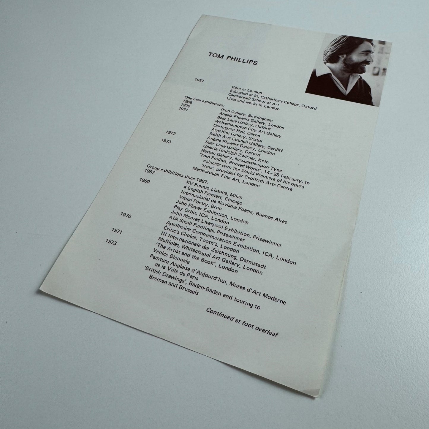Tom Phillips and Jenny McNulty. Single sheet biographical info for Oxford Gallery, Oxford 1970s