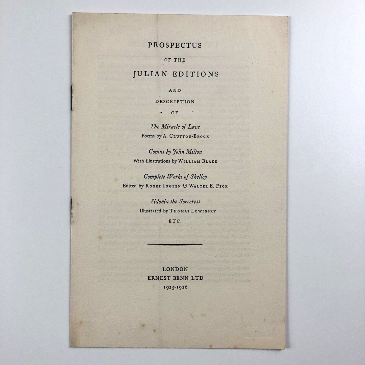 Prospectus of the Julian Editions. Ernest Benn Ltd, London 1925-1926