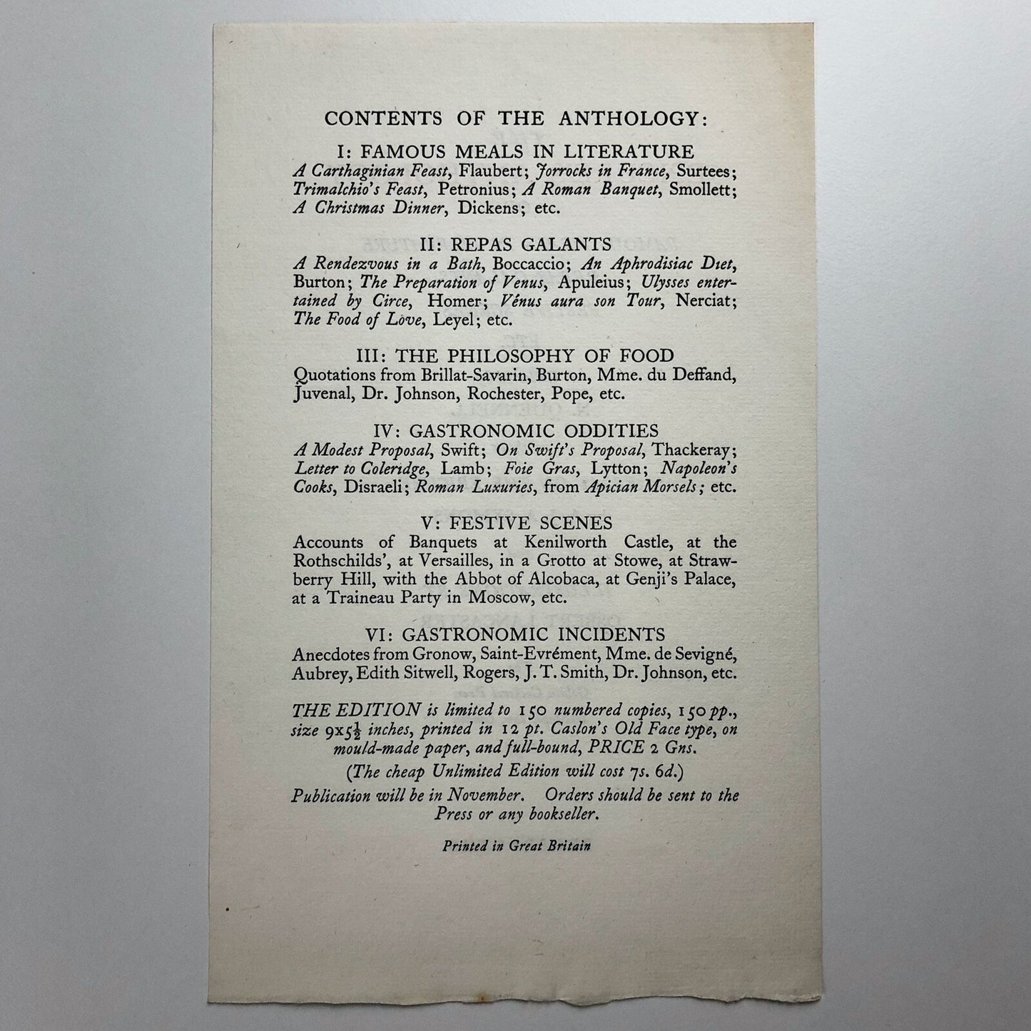 The Epicure's Anthology | The Golden Cockerel Press prospectus leaflet, 1936