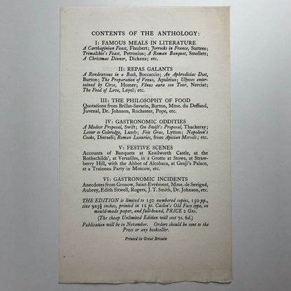 The Epicure's Anthology | The Golden Cockerel Press prospectus leaflet, 1936