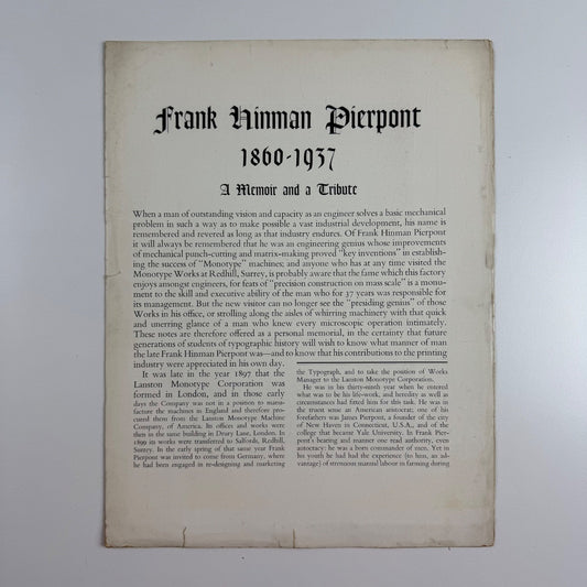 Offprint Monotype Corporation on Frank Hinman Pierpont 1860-1937