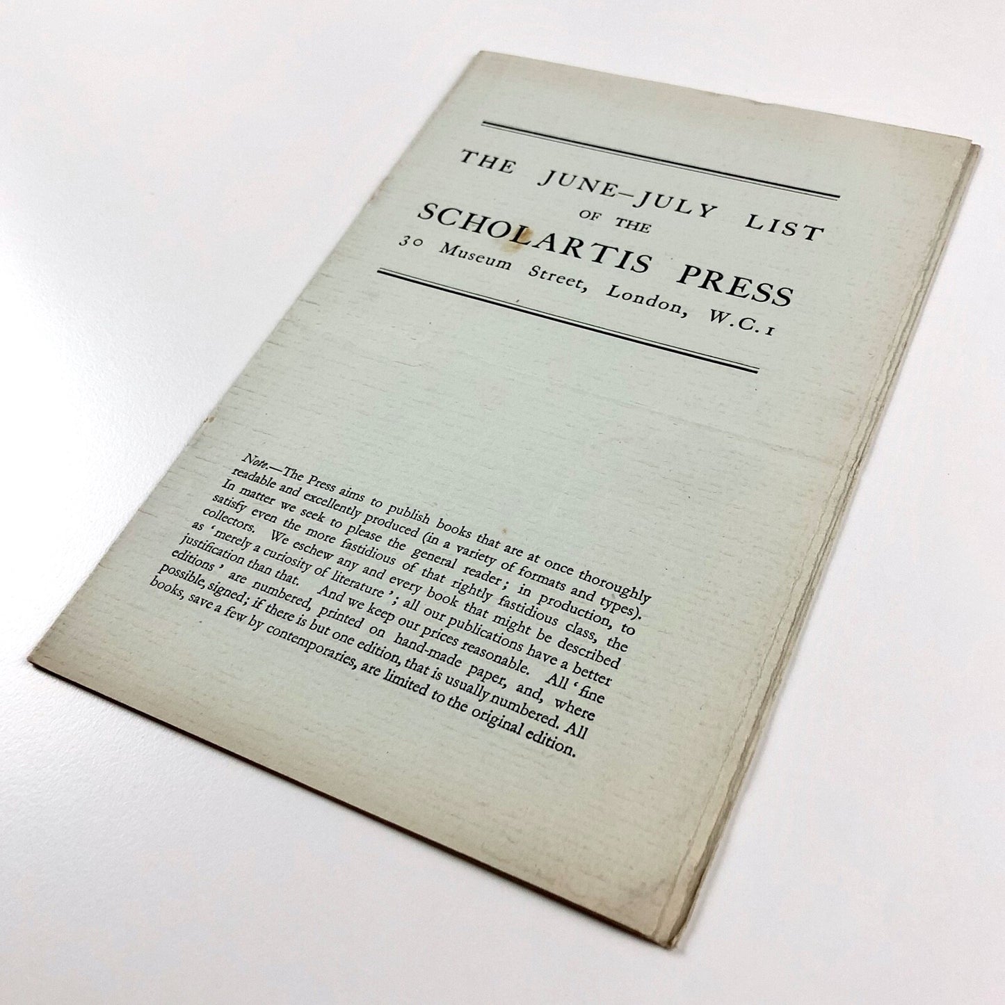 The June-July List of the Scholartis Press, 30 Museum Street | Eric Partridge | Undated, c.1928